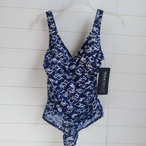 Miraclesuit Surpice Warp Soft Cup Swimsuit Women's 14 Blue Shirred Sides NEW!